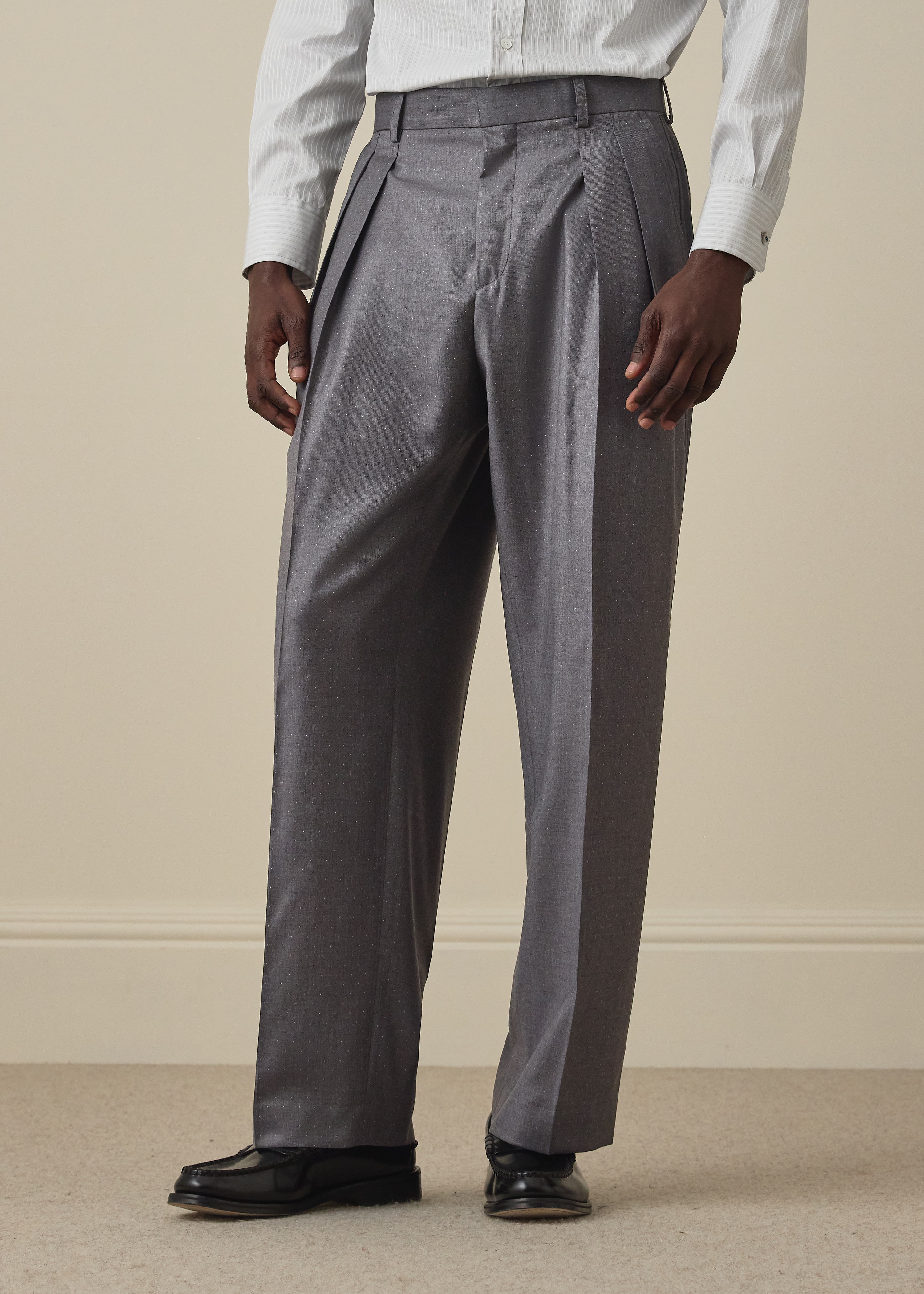 Grey Pin-Dot Wool Pleated Trousers thumbnail 2