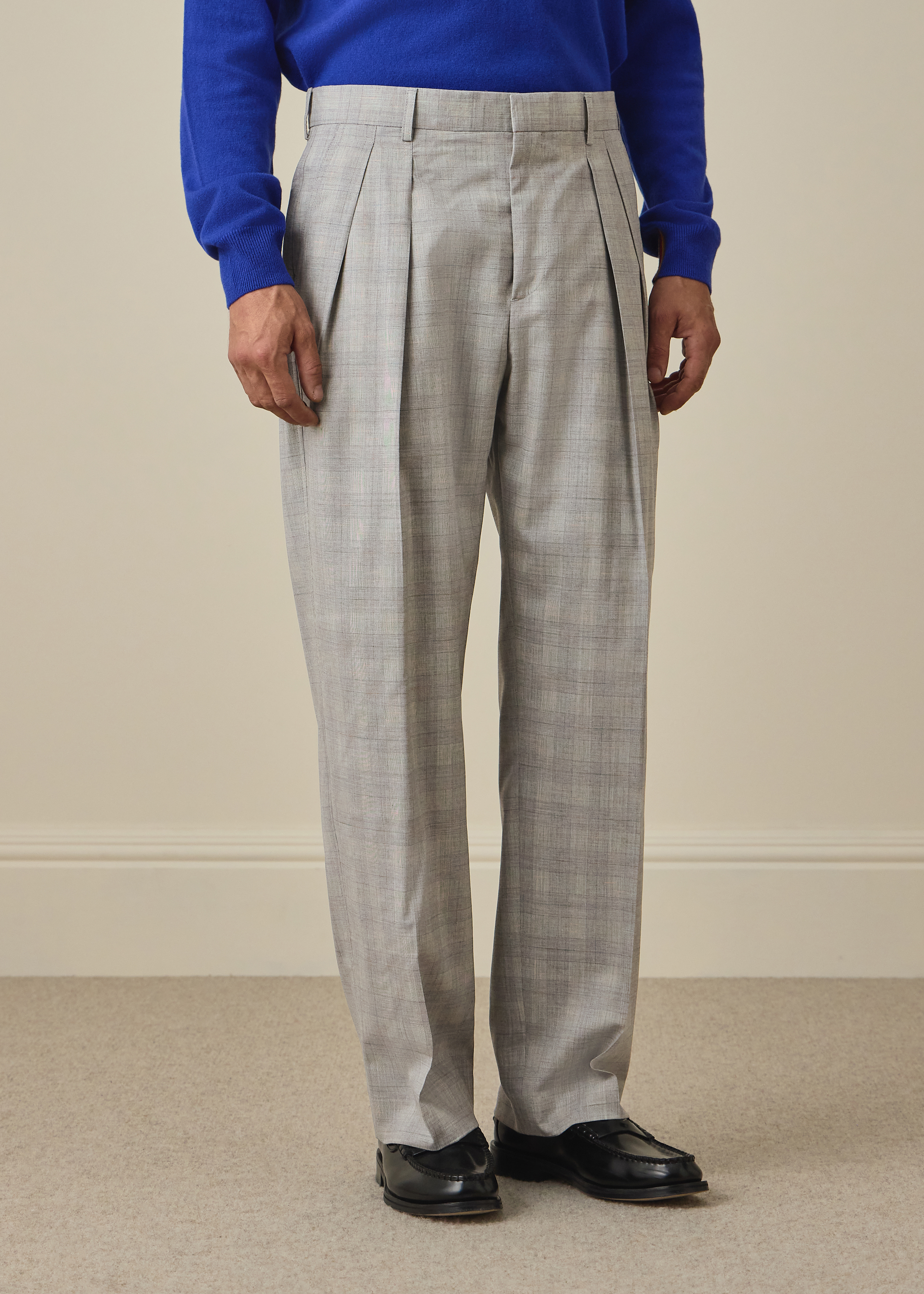 Grey Space-Dye Check Wool Pleated Trousers thumbnail 2