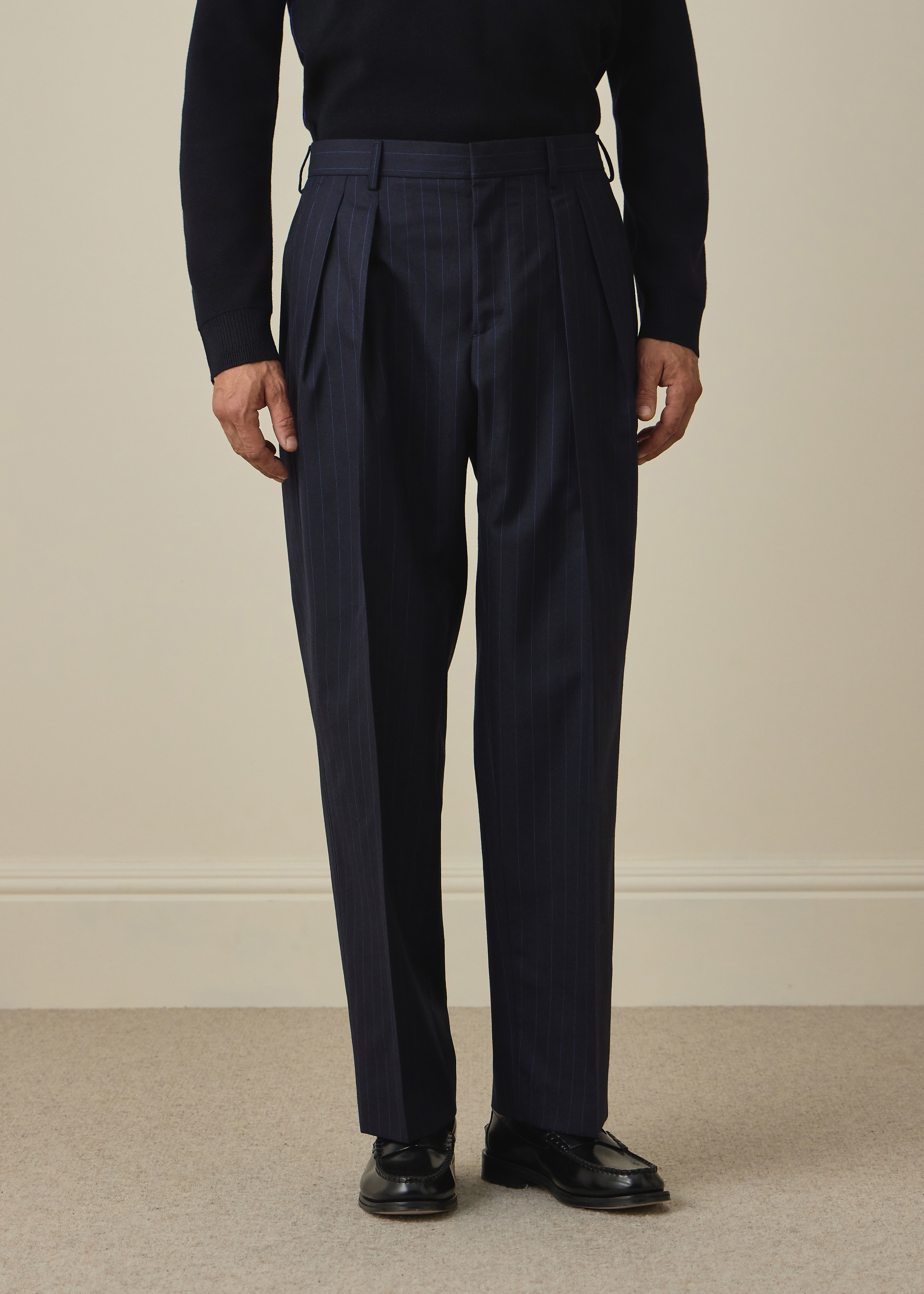 Navy Pinstripe Wool Pleated Trousers thumbnail 2