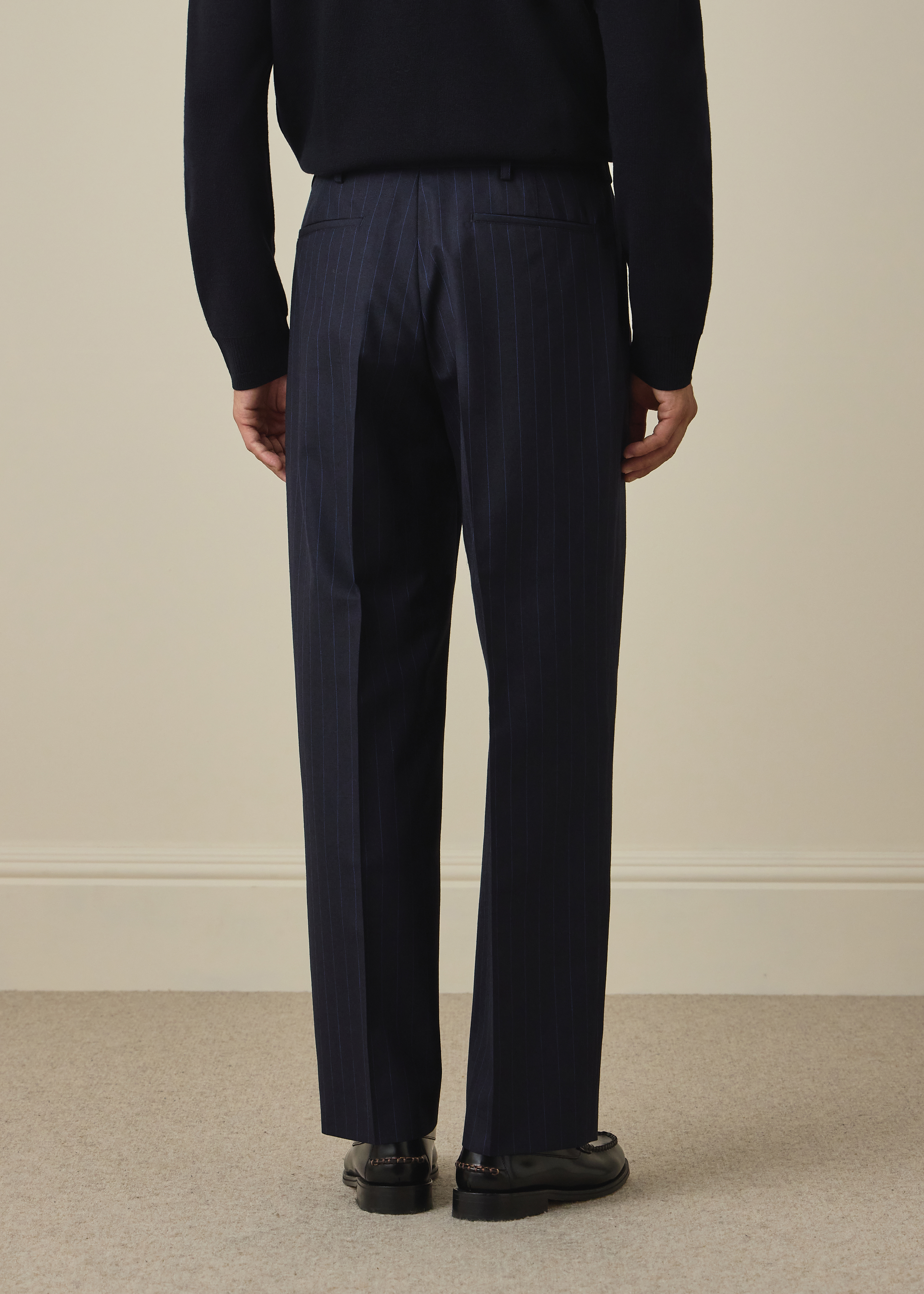 Navy Pinstripe Wool Pleated Trousers thumbnail 4