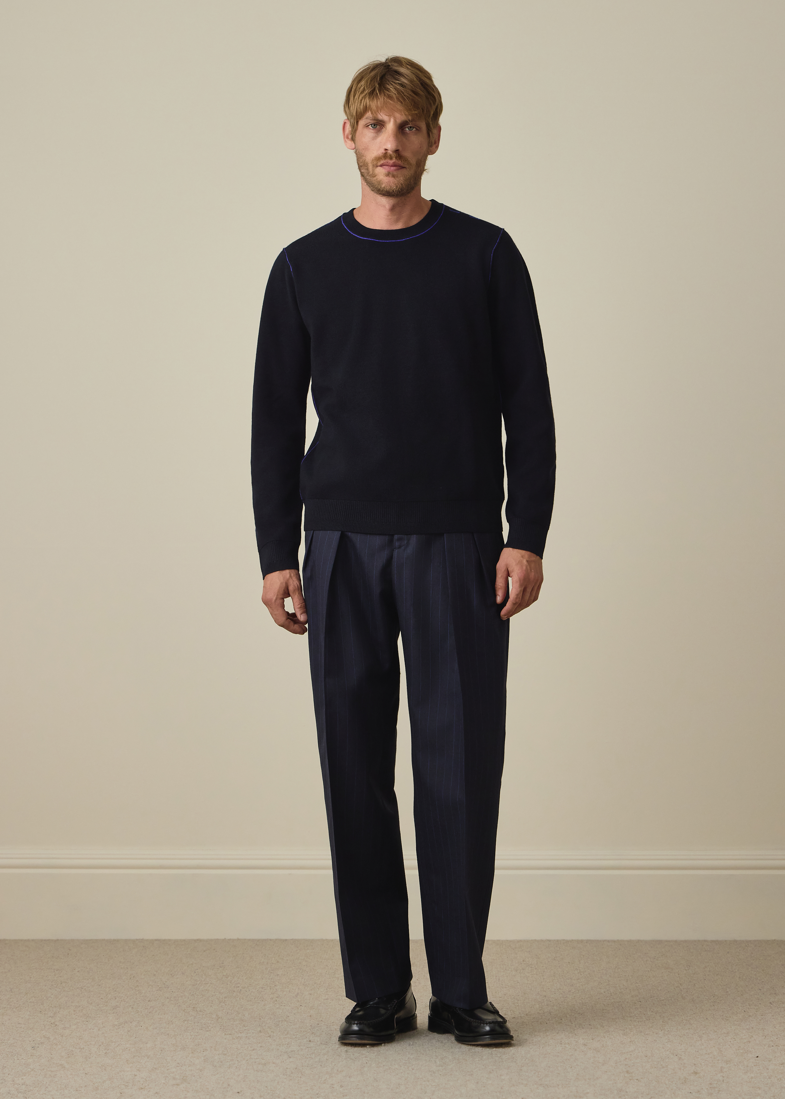Navy Pinstripe Wool Pleated Trousers thumbnail 6