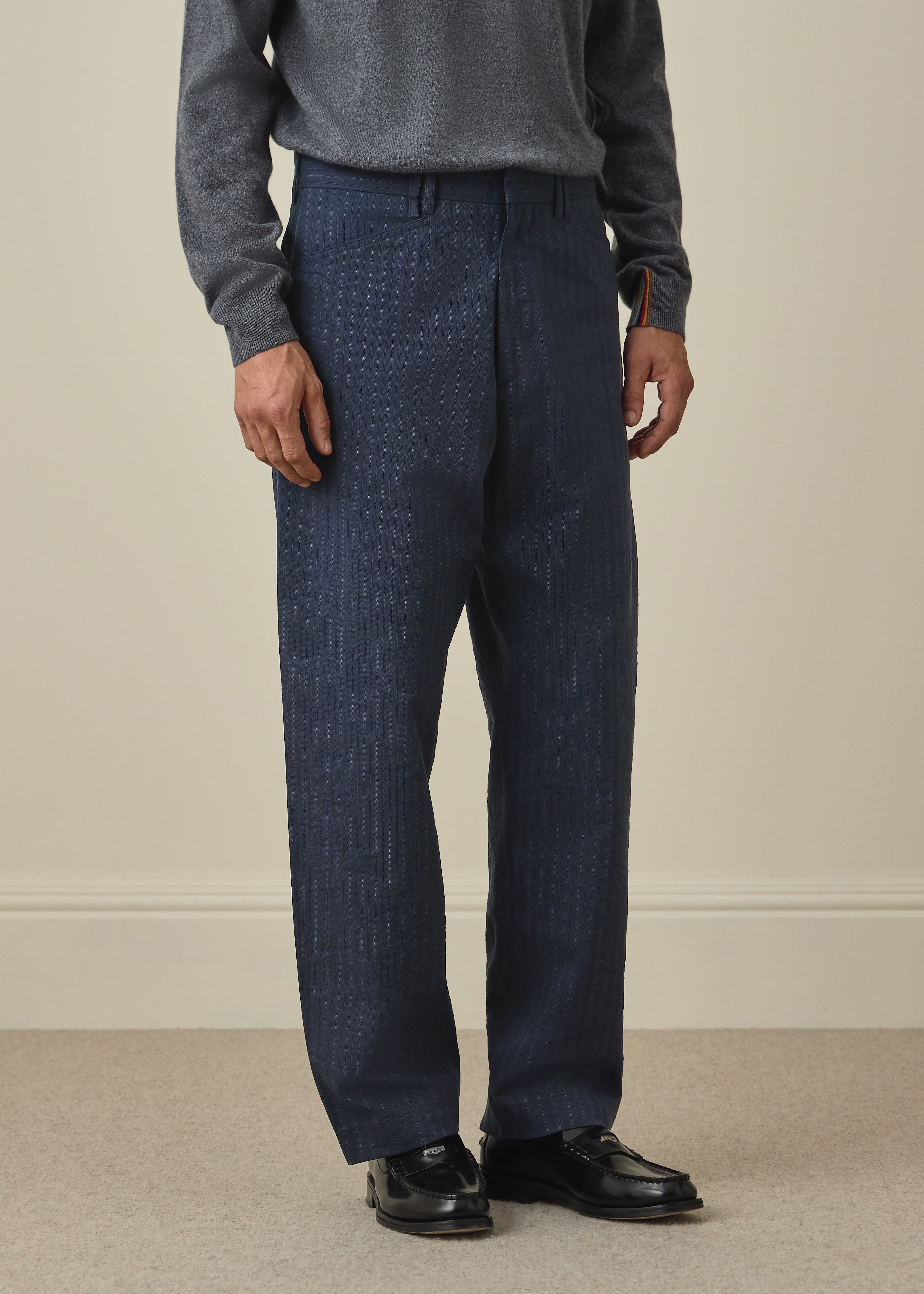 Relaxed-Fit Navy Washed-Twill Stripe Trousers thumbnail 2