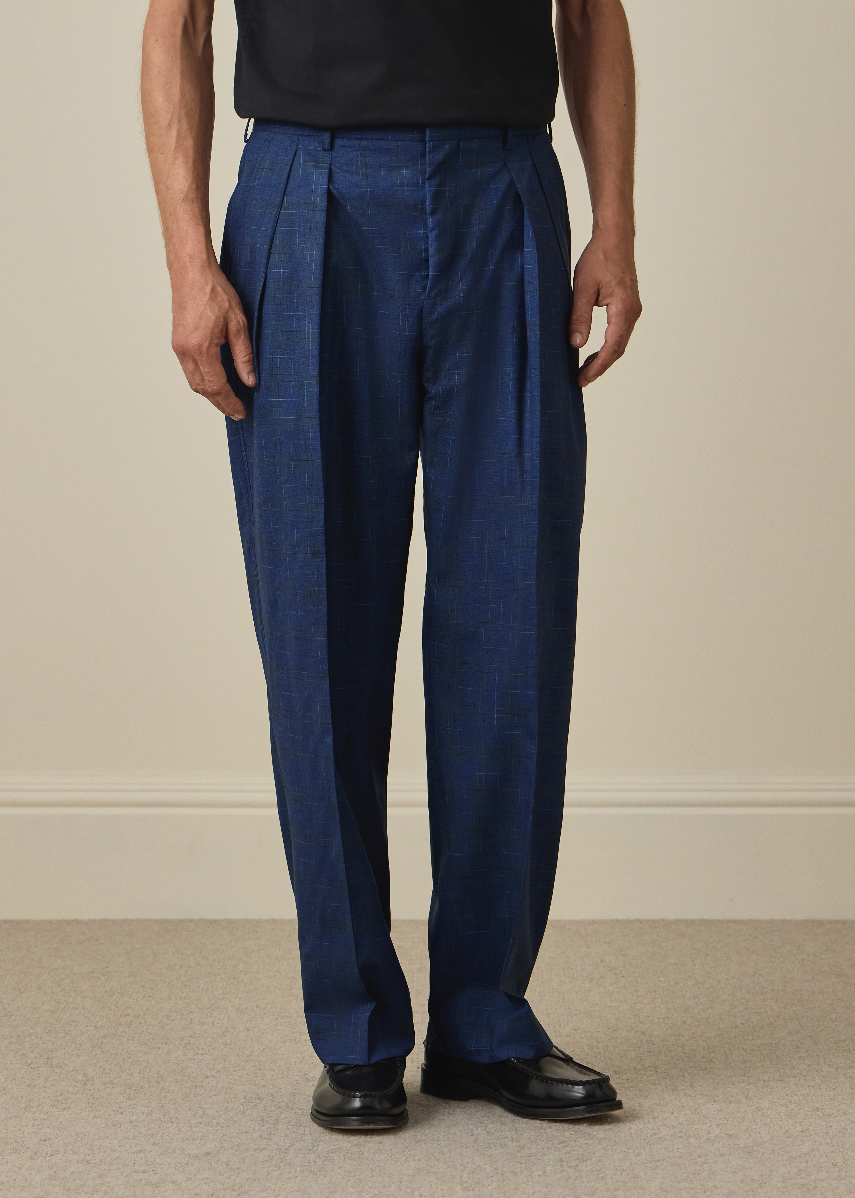 Navy Space-Dye Check Wool Pleated Trousers thumbnail 2