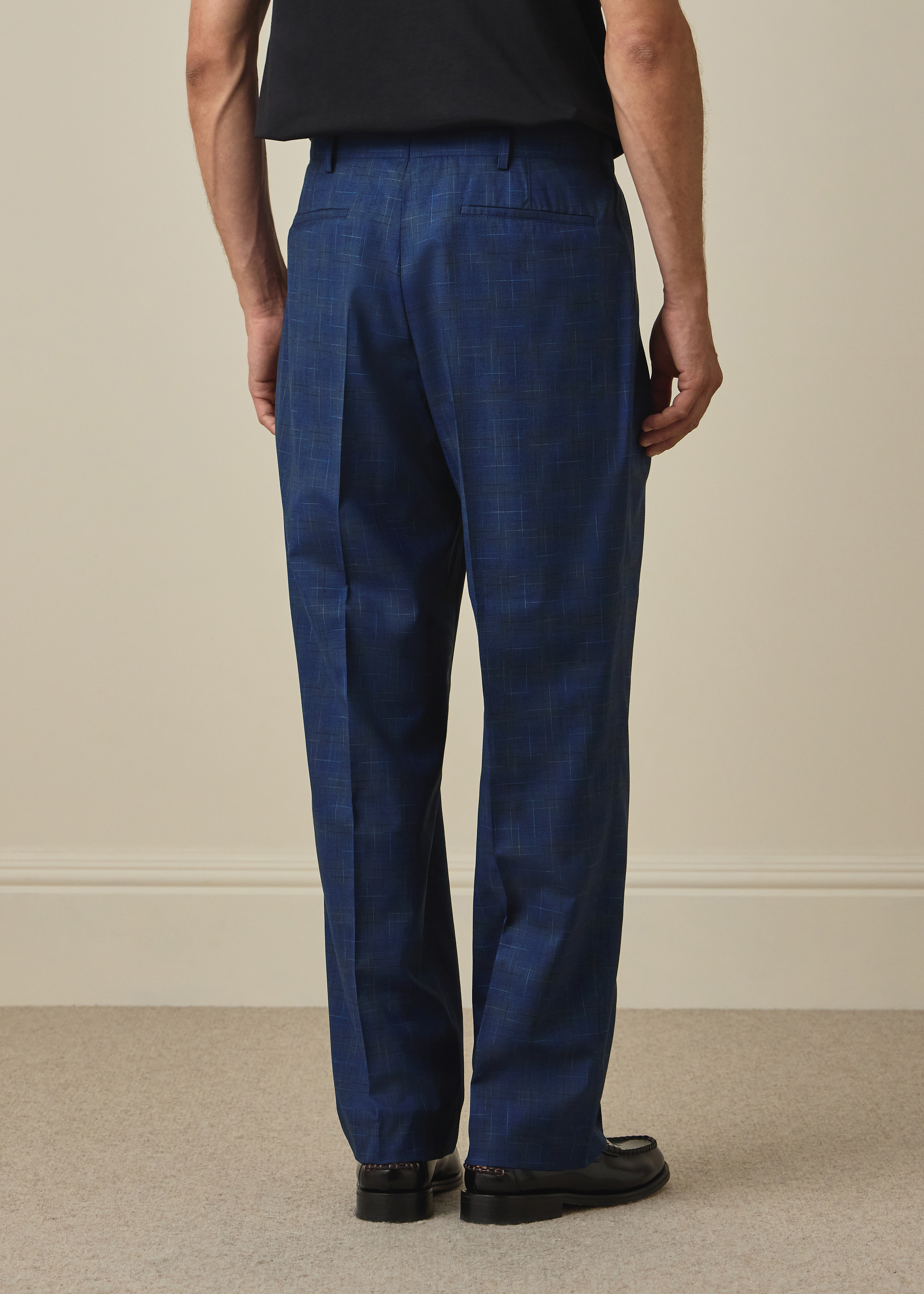 Navy Space-Dye Check Wool Pleated Trousers thumbnail 4