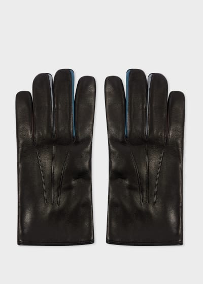 Paul Smith 黒 レザー手袋 Men's Black Leather Gloves With 'Signature Stripe' Piping