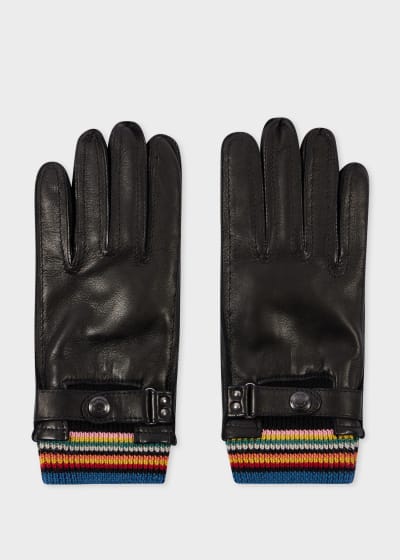 Paul Smith 黒 レザー手袋 Men's Black Leather Gloves With 'Signature Stripe' Piping