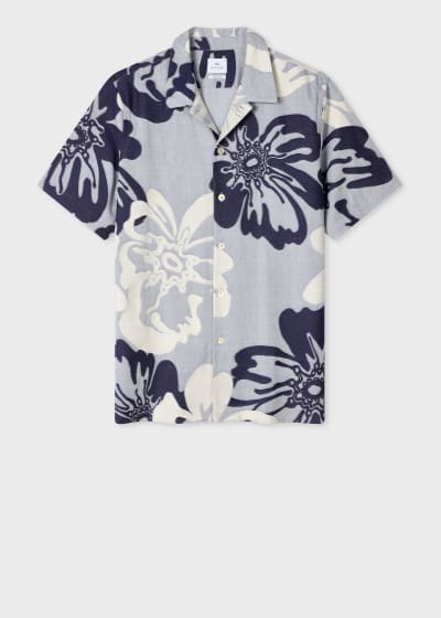 Men's Casual-Fit Navy Floral Embroidery Short-Sleeve Shirt