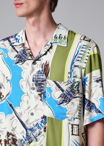 美品 Paul Smith OCEAN トロピカルフィッシュ柄シャツ BLUE Men's Pink 'Le Peche Fish' Print Viscose Shirt