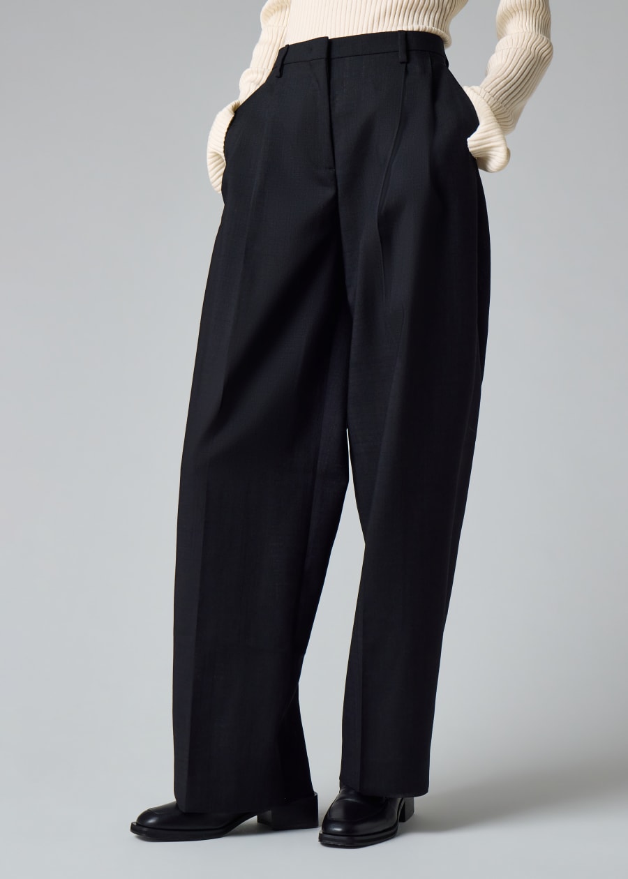 Women's Wool-Blend Navy Seersucker Pinstripe Wide Leg Trousers
