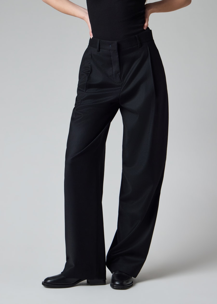 Women's Wool-Blend Navy Seersucker Pinstripe Wide Leg Trousers