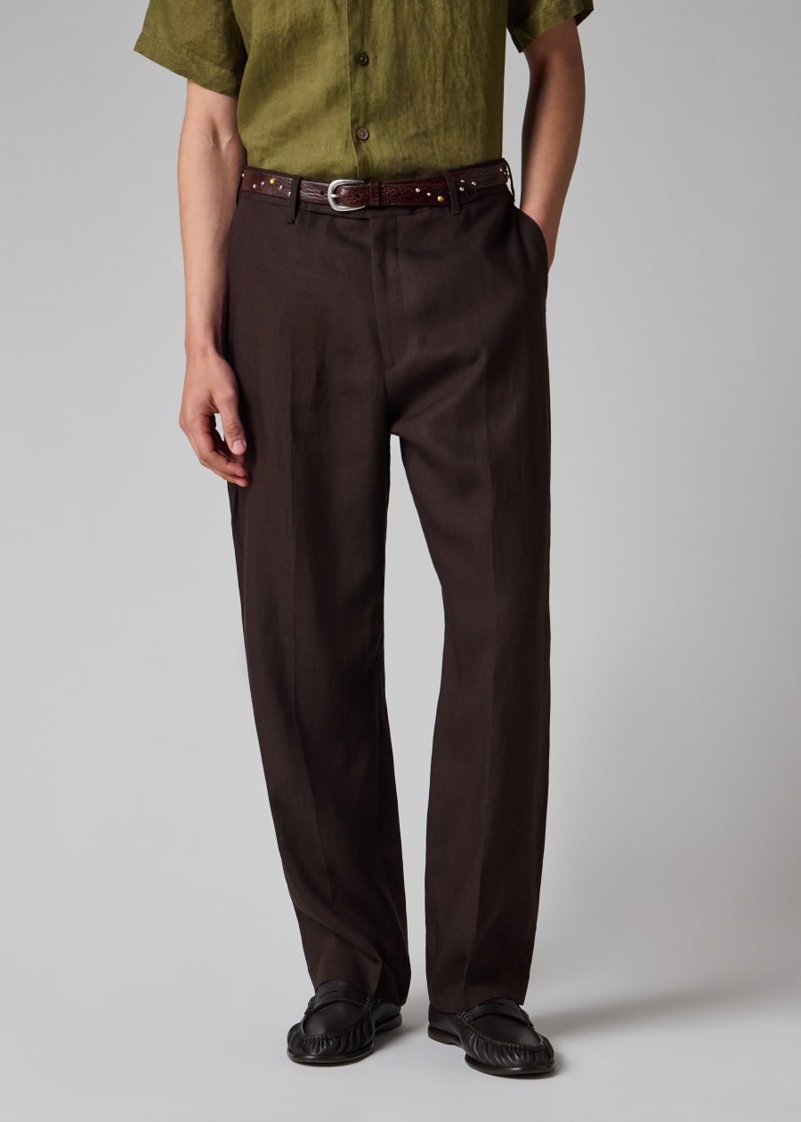 Men's Straight-Fit Sand Brown Wool and Linen-Blend Trousers