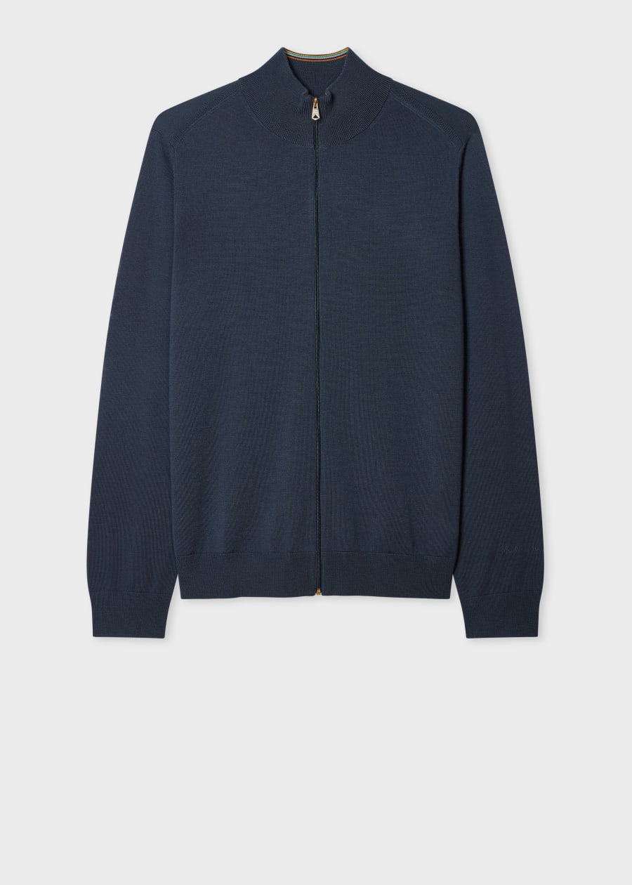 Navy Washable Merino Wool 'Signature Stripe' Zip Cardigan