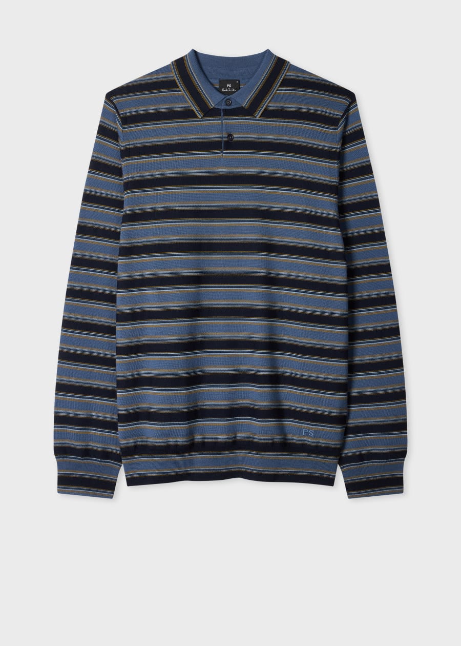 Men's Dark Green 'Signature Stripe' Zip Trim Merino Wool Polo Shirt