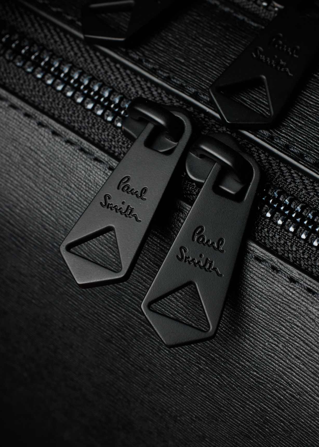 Black Straw-Grain Embossed Leather Double Zip Folio