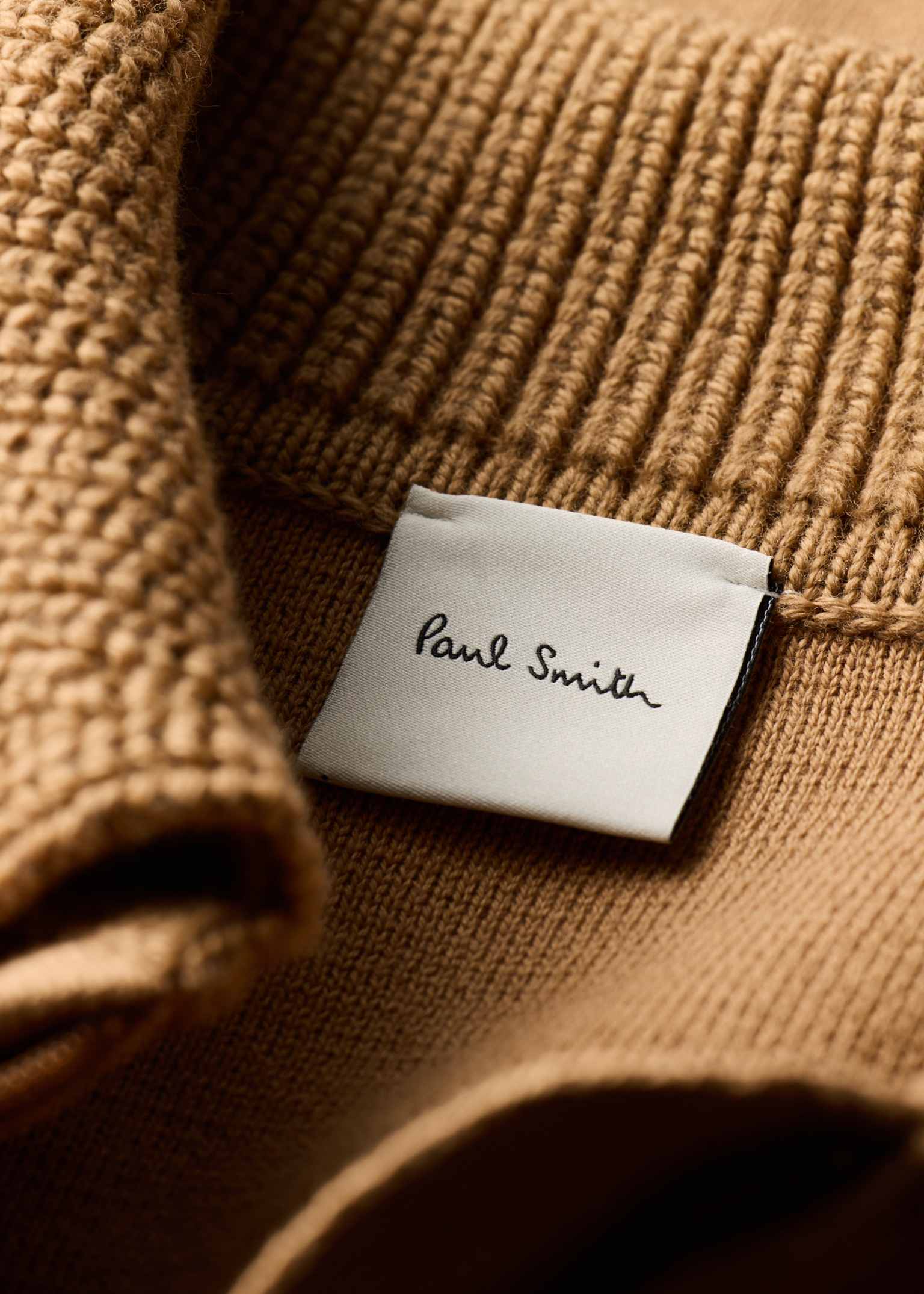 Women's Camel Knitted Jacket with Stripe Cuffs