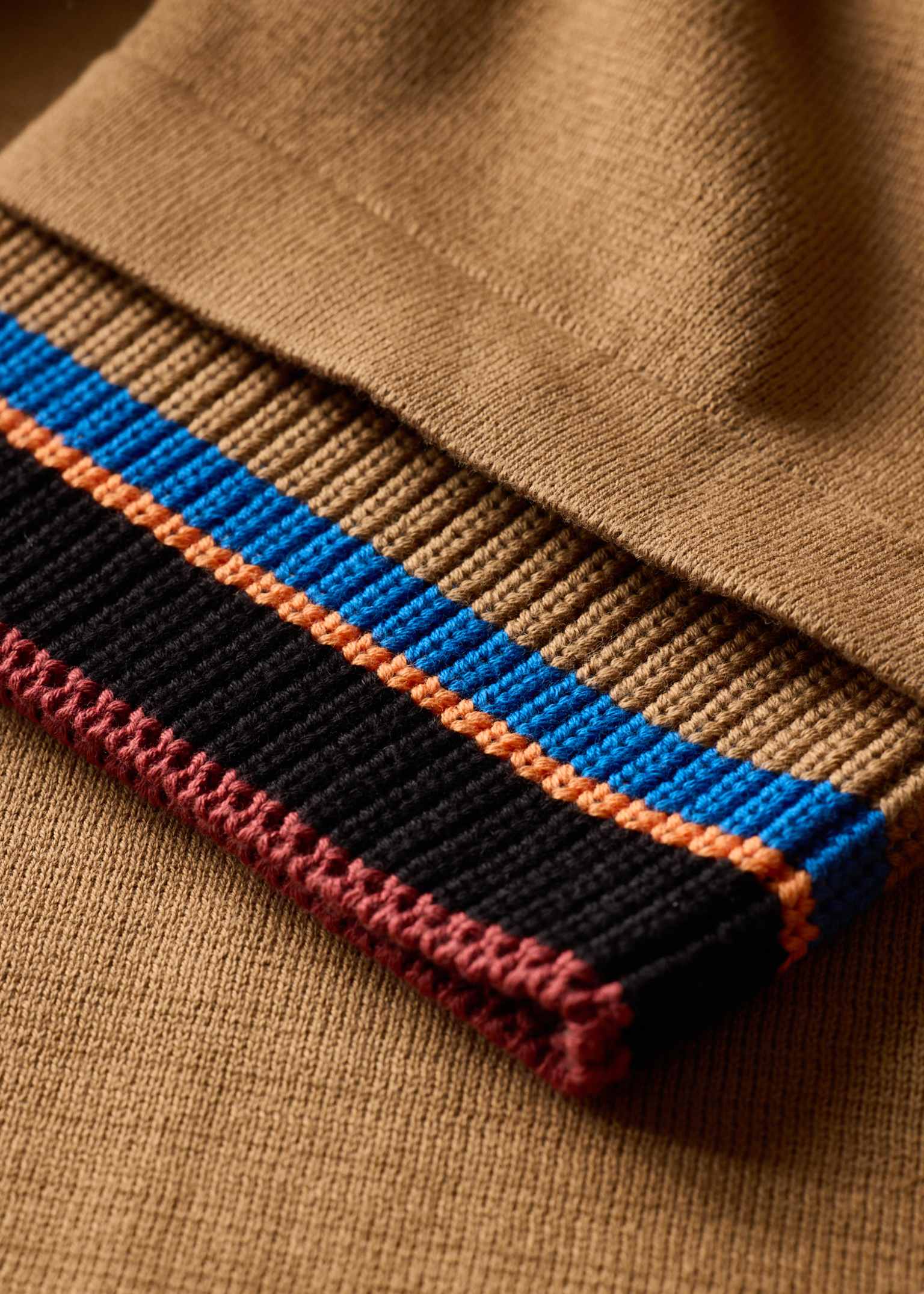 Women's Camel Knitted Jacket with Stripe Cuffs