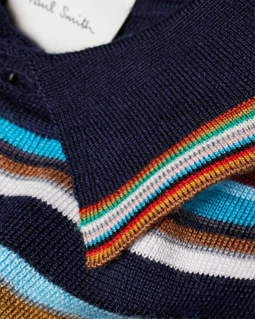 Long Sleeve Stripe Cotton Knit Polo - Navy Blue/Blue Stipe